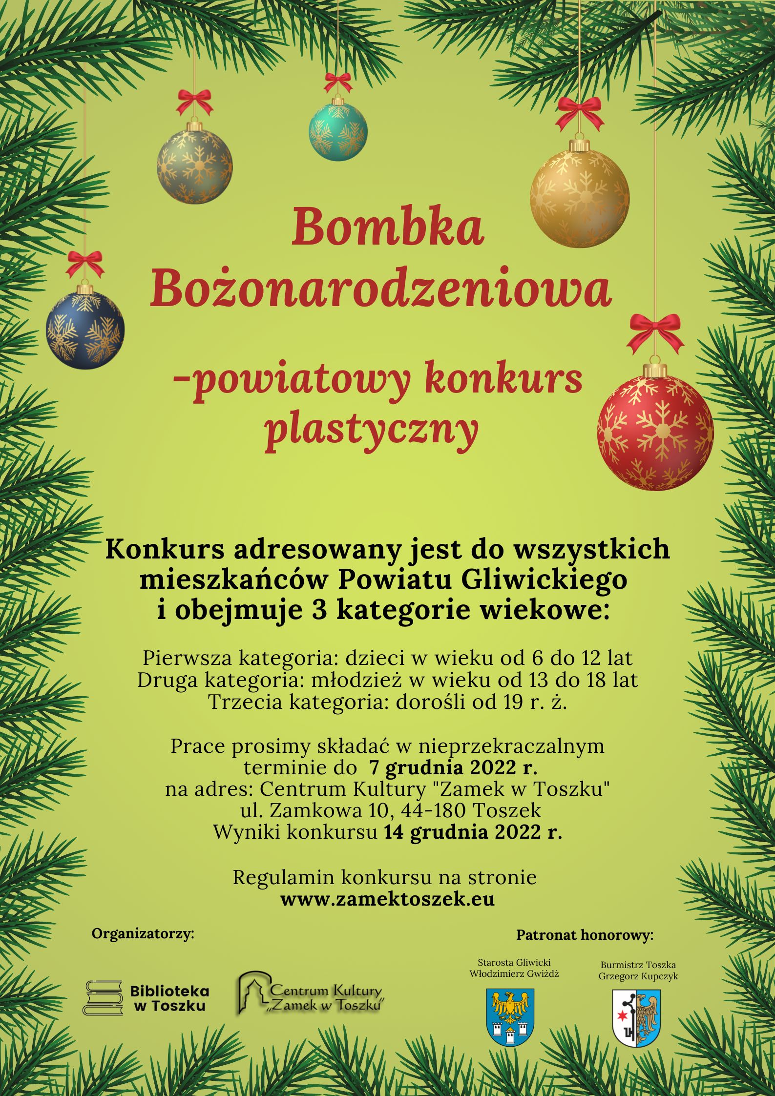 Plakat informujący o konkursie 'Bombka Bożonarodzeniowa'