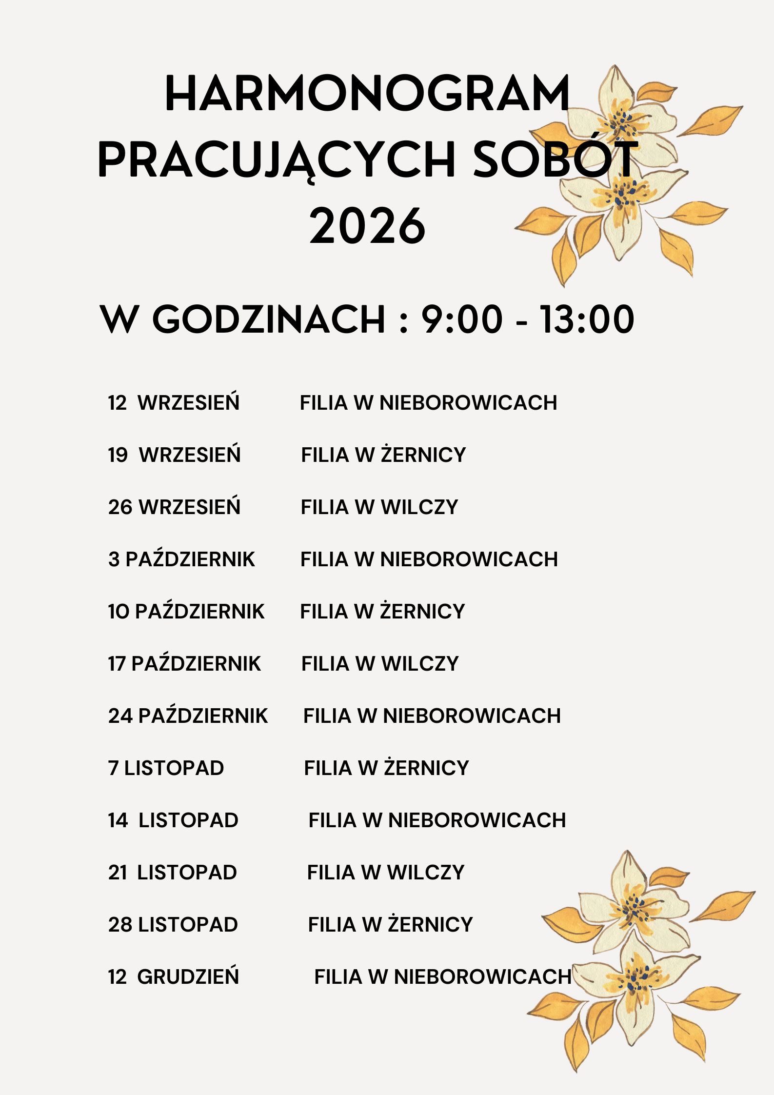Plakat informujący o godzinach pracy biblioteki w soboty od września 2026 roku